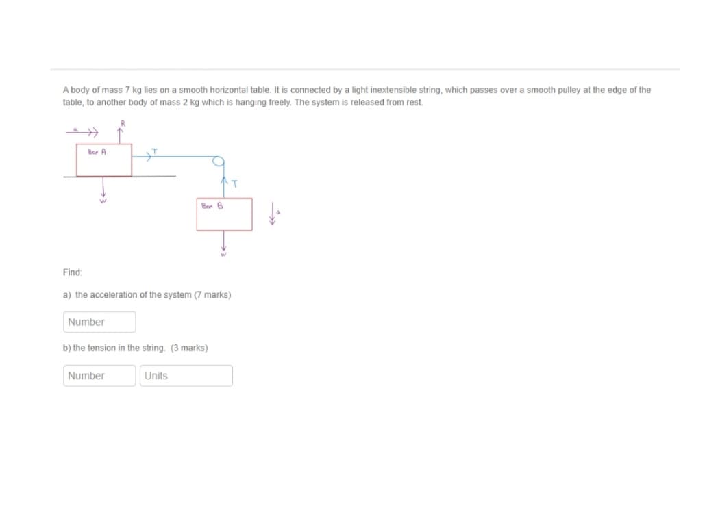 A body of mass 7 kg lies on a smooth horizontal table. It is connected by a light inextensible string, which passes over a smooth pulley at the edge of the
table, to another body of mass 2 kg which is hanging freely. The system is released from rest.
R.
Bor A
Bor B
Find:
a) the acceleration of the system (7 marks)
Number
b) the tension in the string. (3 marks)
Number
Units

