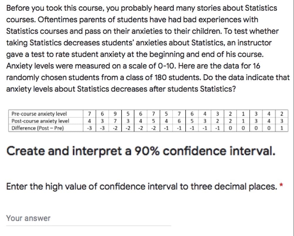 Before you took this course, you probably heard many stories about Statistics
courses. Oftentimes parents of students have had bad experiences with
Statistics courses and pass on their anxieties to their children. To test whether
taking Statistics decreases students' anxieties about Statistics, an instructor
gave a test to rate student anxiety at the beginning and end of his course.
Anxiety levels were measured on a scale of 0-10. Here are the data for 16
randomly chosen students from a class of 180 students. Do the data indicate that
anxiety levels about Statistics decreases after students Statistics?
1 3
Pre-course anxiety level
Post-course anxiety level
Difference (Post – Pre)
7
9
5
7
5
7
6
4
3
4
4
3.
7
3
6.
5
3
2
2
1
3
4
-3
-3
-2
-2
-2
-2
-1
-1
-1
-1
-1
Create and interpret a 90% confidence interval.
Enter the high value of confidence interval to three decimal places.
Your answer
