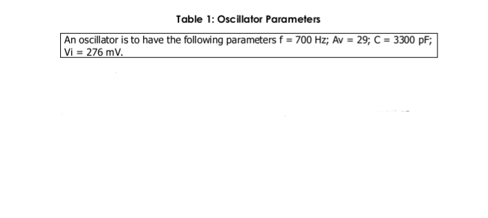 Table 1: Oscillator Parameters
An oscillator is to have the following parameters f = 700 Hz; Av = 29; C = 3300 pF;
Vi = 276 mV.
