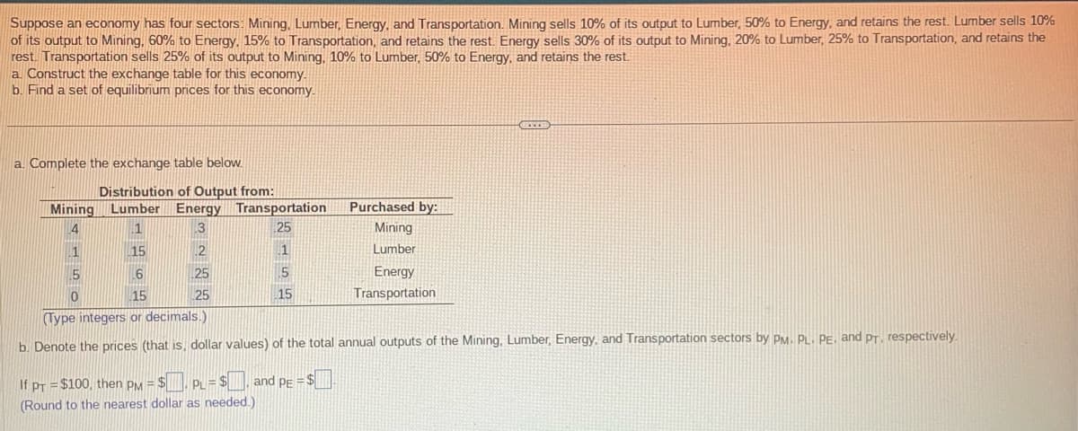 Suppose an economy has four sectors: Mining, Lumber, Energy, and Transportation. Mining sells 10% of its output to Lumber, 50% to Energy, and retains the rest. Lumber sells 10%
of its output to Mining, 60% to Energy, 15% to Transportation, and retains the rest. Energy sells 30% of its output to Mining, 20% to Lumber, 25% to Transportation, and retains the
rest. Transportation sells 25% of its output to Mining, 10% to Lumber, 50% to Energy, and retains the rest.
a Construct the exchange table for this economy.
b. Find a set of equilibrium prices for this economy.
a. Complete the exchange table below.
Distribution of Output from:
Mining Lumber Energy Transportation
4
25
15
6
0
15
25
(Type integers or decimals.)
b. Denote the prices (that is, dollar values) of the total annual outputs of the Mining, Lumber, Energy, and Transportation sectors by PM. PL. PE, and PT. respectively.
and PE = $
If PT = $100, then PM = $
PL=$
(Round to the nearest dollar as needed.)
Purchased by:
Mining
Lumber:
5
15
Energy
Transportation