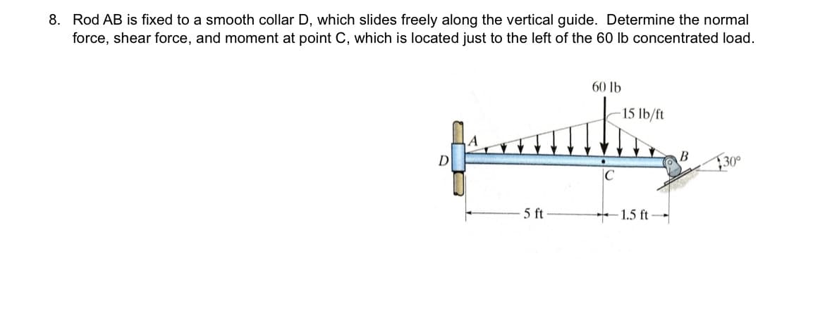 8. Rod AB is fixed to a smooth collar D, which slides freely along the vertical guide. Determine the normal
force, shear force, and moment at point C, which is located just to the left of the 60 lb concentrated load.
5 ft
60 lb
C
15 lb/ft
1.5 ft-
B
$30⁰