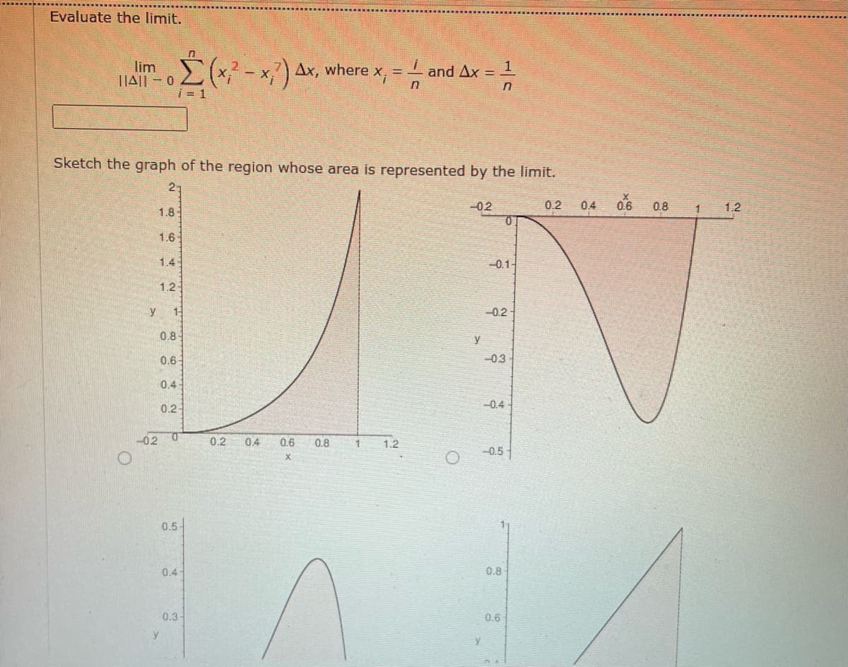 Evaluate the limit.
lim
||A||-0
1.8-
1.6
-0.2
1.4
Sketch the graph of the region whose area is represented by the limit.
21
1.2
y 1-
i=1
0.8-
0.6-
0.4-
0.2-
y
0
0.5
0.4
(x,² - x₁²) Ax, where
0.3
0.2
04
0.6
X
-
0.8
and Ax=
1 1.2
O
-02
y
1
n
y
-0.1-
0
-0.2
-0.3
-0.5
-0.4-
0.8
0.2 0.4
0.6
0.8 1
1.2