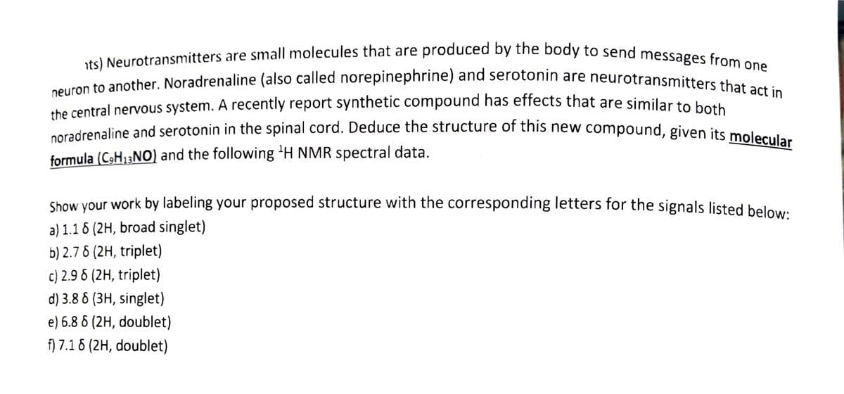 noradrenaline and serotonin in the spinal cord. Deduce the structure of this new compound, given its molecular
neuron to another. Noradrenaline (also called norepinephrine) and serotonin are neurotransmitters that act in
its) Neurotransmitters are small molecules that are produced by the body to send messages from one
the central nervous system. A recently report synthetic compound has effects that are similar to baul
formula (CəH13NO) and the following 'H NMR spectral data.
Show your work by labeling your proposed structure with the corresponding letters for the signals listed below.
a) 1.1 6 (2H, broad singlet)
b) 2.7 6 (2H, triplet)
c) 2.9 6 (2H, triplet)
d) 3.8 6 (3H, singlet)
e) 6.8 6 (2H, doublet)
f) 7.1 6 (2H, doublet)
