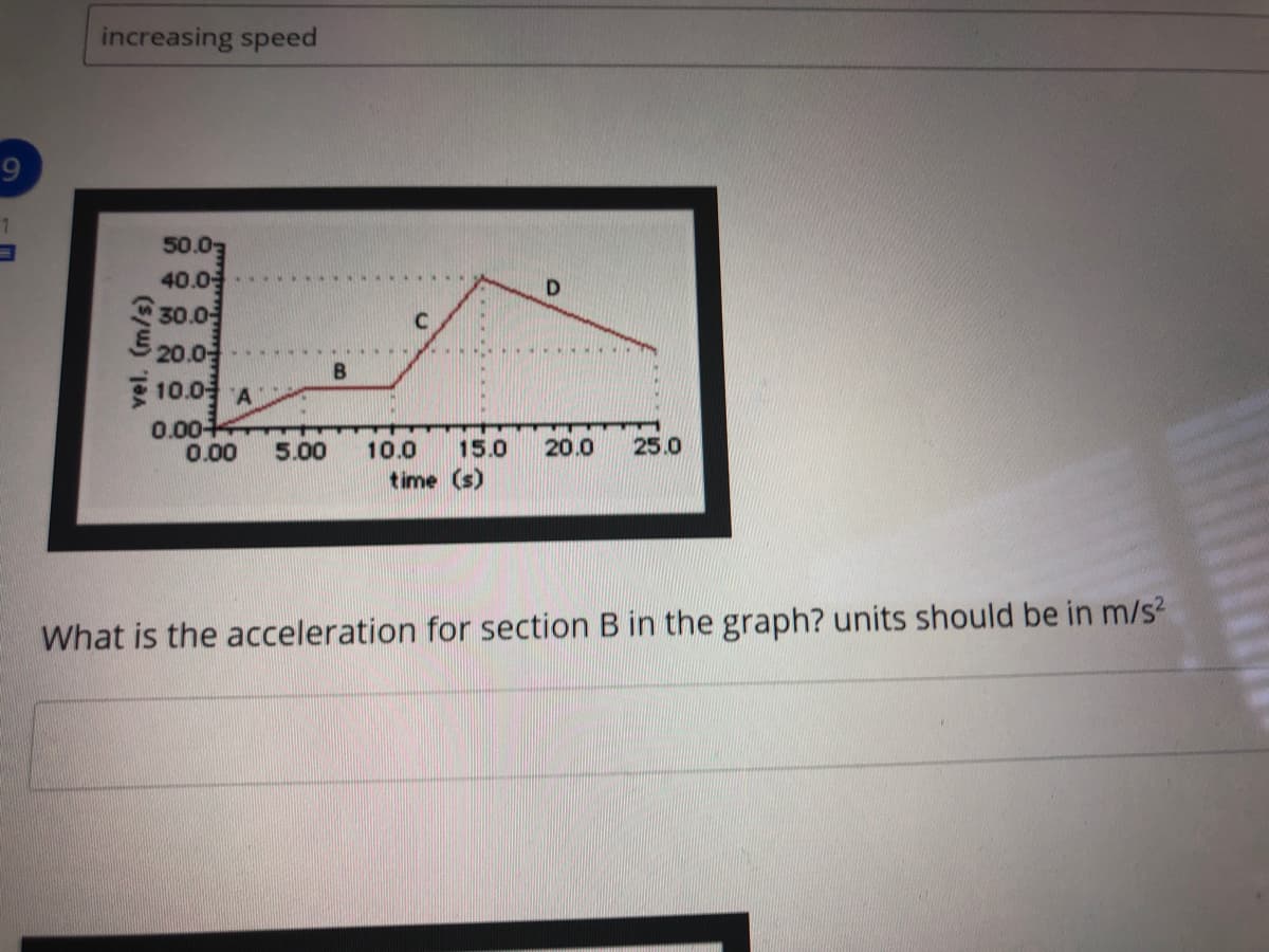 increasing speed
50.03
40.0
30.0
20.0
10.0 A
0.00
0.00
5.00
10.0
15.0
20.0
25.0
time (s)
What is the acceleration for section B in the graph? units should be in m/s?
