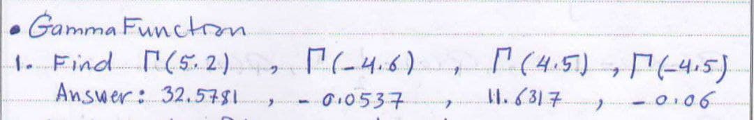 • Gamma Functron
. Find ( 5.. 2)
Answer: 32.5781.
r (4.5) P(4:5)
0:0537
1.6317
- 0.06
