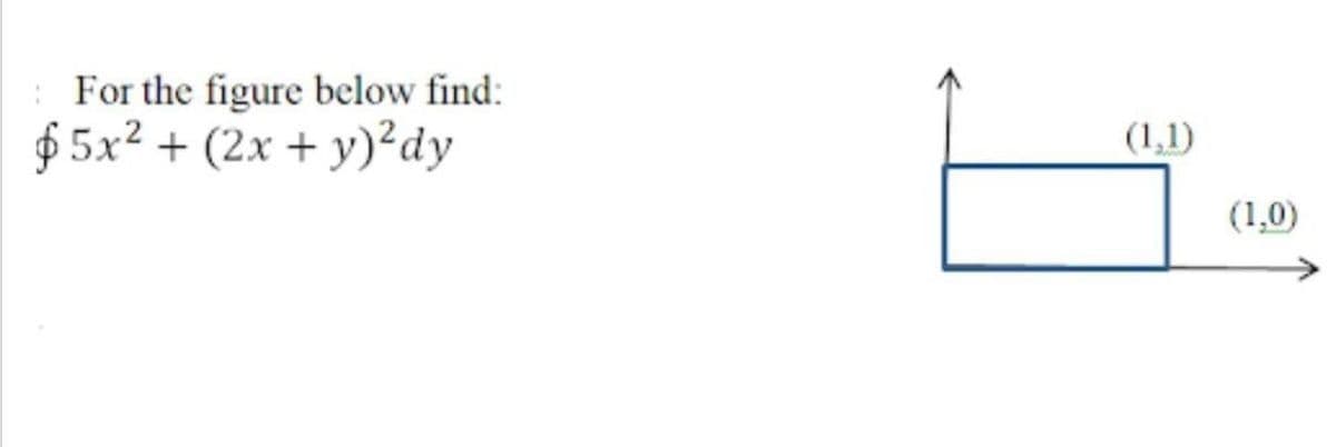 For the figure below find:
$5x² + (2x + y)²dy
(1,1)
(1,0)