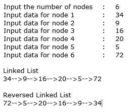 Input the number of nodes
Input data for node 1
Input data for node 2
Input data for node 3
Input data for node 4
Input data for node 5
Input data for node 6
6.
34
16
20
5
72
Linked List
34-->9-->16-->20-->5-->72
Reversed Linked List
72-->5-->20-->16-->9-->34
