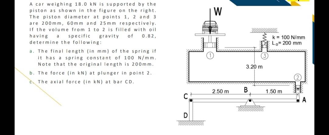 A car weighing 18.0 kN is supported by the
piston as shown in the figure on the right.
The piston diameter at points 1, 2 and 3
are 200mm, 60mm and 25 mm respectively.
If the volume from 1 to 2 is filled with oiI
W
having
determine the following:
specific
gravity
of
0.82,
k = 100 N/mm
Lo= 200 mm
a
a. The final length (in mm) of the spring if
it has a spring constant of 100 N/mm.
Note that the original length is 200 mm.
3.20 m
b. The force (in kN) at plunger in point 2.
C. The axial force (in k N) at bar CD.
2.50 m
В
1.50 m
C
A
