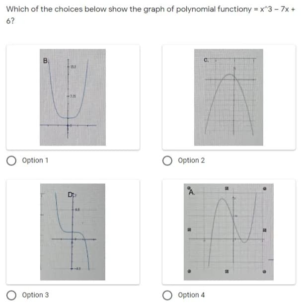 Which of the choices below show the graph of polynomial functiony = x^3 – 7x +
6?
B.
155
+7.75
Option 1
Option 2
D
O Option 3
O Option 4
