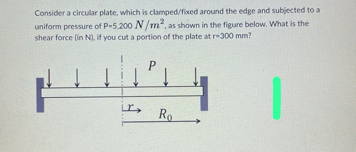 Consider a circular plate, which is clamped/fixed around the edge and subjected to a
uniform pressure of P=5,200 N/m², as shown in the figure below. What is the
shear force (in N), if you cut a portion of the plate at r=300 mm?
Lr>
P
Ro