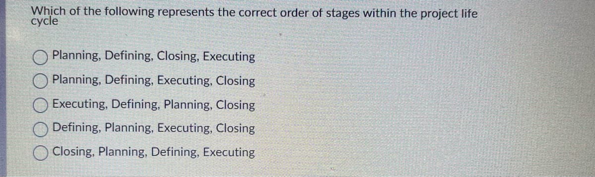 Which of the following represents the correct order of stages within the project life
cycle
Planning, Defining, Closing, Executing
Planning, Defining, Executing, Closing
Executing, Defining, Planning, Closing
Defining, Planning, Executing, Closing
Closing, Planning, Defining, Executing