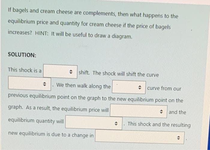 If bagels and cream cheese are complements, then what happens to the
equilibrium price and quantity for cream cheese if the price of bagels
increases? HINT: It will be useful to draw a diagram.
SOLUTION:
This shock is a
+ shift. The shock will shift the curve
+. We then walk along the
+ curve from our
previous equilibrium point on the graph to the new equilibrium point on the
graph. As a result, the equilibrium price will
+ and the
equilibrium quantity will
This shock and the resulting
new equilibrium is due to a change in
