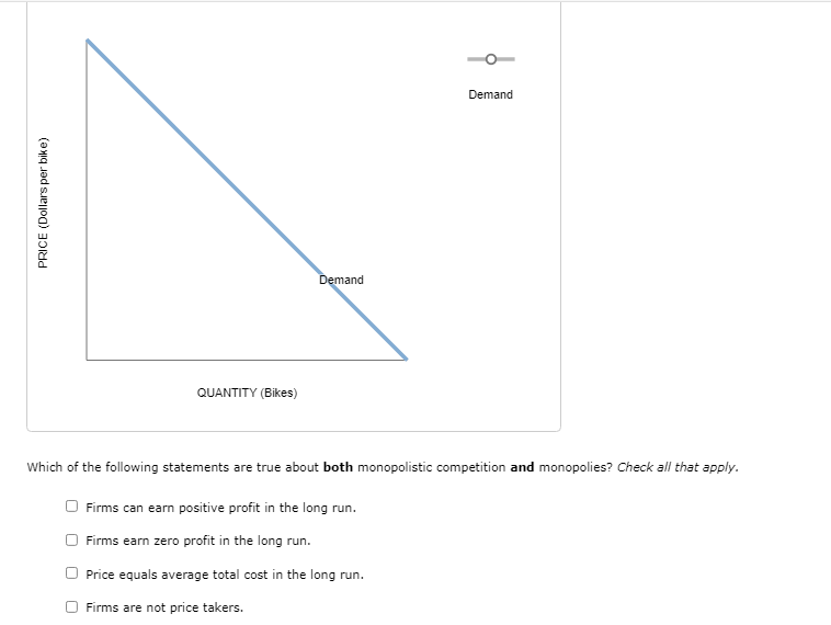 Demand
Demand
QUANTITY (Bikes)
Which of the following statements are true about both monopolistic competition and monopolies? Check all that apply.
Firms can earn positive profit in the long run.
Firms earn zero profit in the long run.
Price equals average total cost in the long run.
Firms are not price takers.
PRICE (Dollars per bike)
