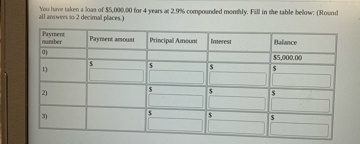 You have taken a loan of $5,000.00 for 4 years at 2.9% compounded monthly. Fill in the table below: (Round
all answers to 2 decimal places.)
Payment
number
Payment amount
Principal Amount
Interest
Balance
0)
$5,000.00
$
2$
2$
1)
2$
2$
2$
2)
2$
2$
3)
2$
