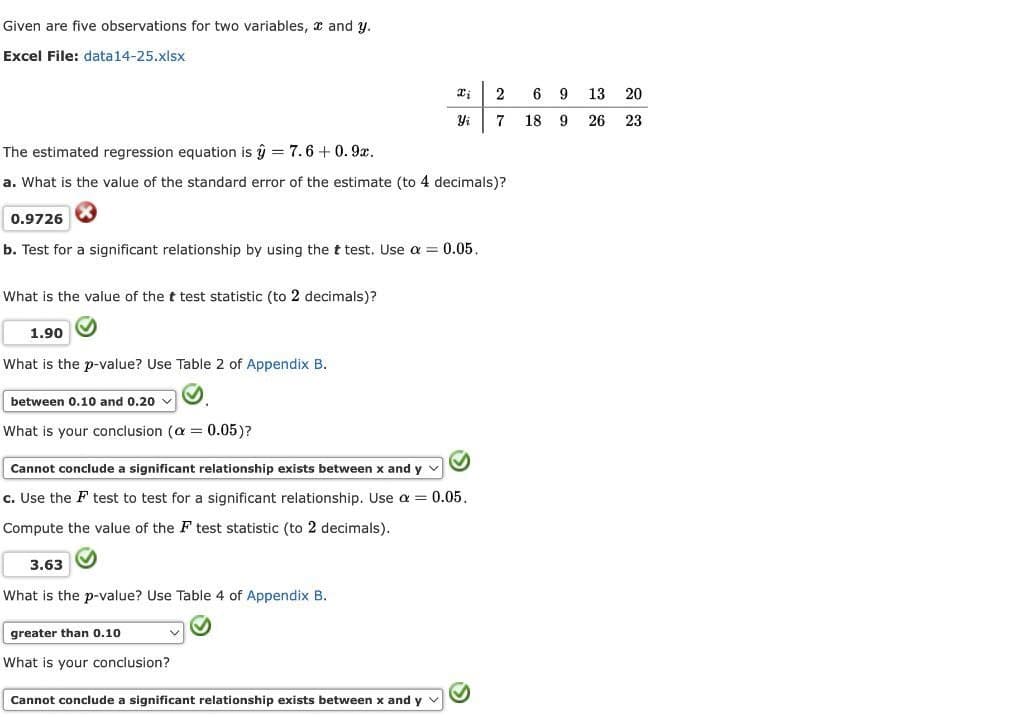 Given are five observations for two variables, and y.
Excel File: data14-25.xlsx
The estimated regression equation is ŷ = 7.6 +0.9x.
a. What is the value of the standard error of the estimate (to 4 decimals)?
0.9726
b. Test for a significant relationship by using the t test. Use a = 0.05.
What is the value of the t test statistic (to 2 decimals)?
1.90
What is the p-value? Use Table 2 of Appendix B.
between 0.10 and 0.20
What is your conclusion (a = 0.05)?
Xj
Yi
Cannot conclude a significant relationship exists between x and y
c. Use the F test to test for a significant relationship. Use a = 0.05.
Compute the value of the F test statistic (to 2 decimals).
3.63
What is the p-value? Use Table 4 of Appendix B.
greater than 0.10
What is your conclusion?
Cannot conclude a significant relationship exists between x and y
2
7
6
18
9 13
9
20
26 23