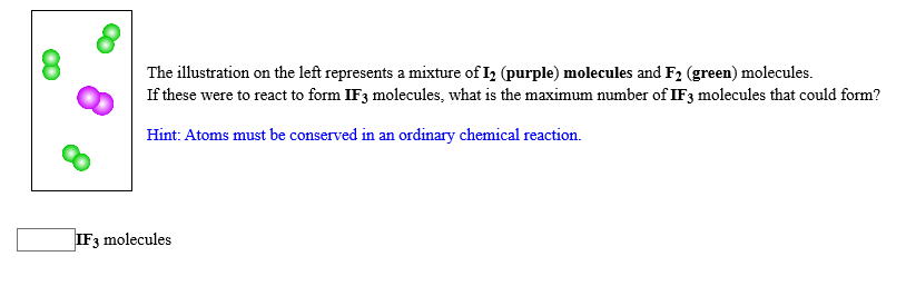 The illustration on the left represents a mixture of I2 (purple) molecules and F2 (green) molecules
If these were to react to form IF3 molecules, what is the maximum number of IF3 molecules that could form?
Hint: Atoms must be conserved in an ordinary chemical reaction
IF3 molecules
