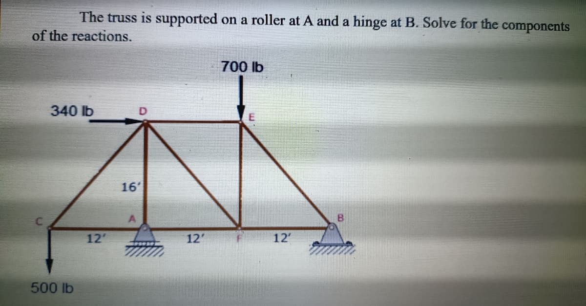 The truss is supported on a roller at A and a hinge at B. Solve for the components
of the reactions.
340 lb
500 lb
12'
16
A
12'
700 lb
12
B