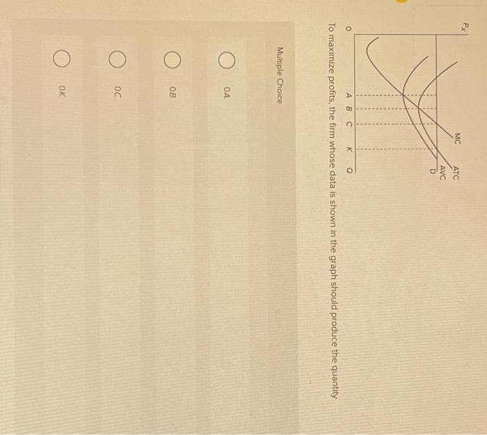 X
0
AB C
K Q
To maximize profits, the firm whose data is shown in the graph should produce the quantity
Multiple Choice
O
ОА
ОВ
OC
OK
MC
ATC
AVC
D