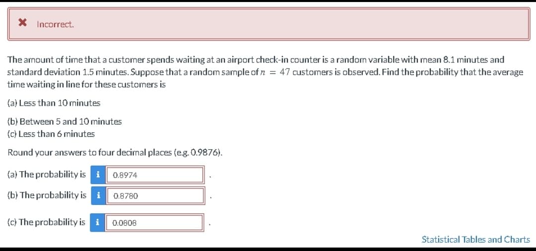 * Incorrect.
The amount of time that a customer spends waiting at an airport check-in counter is a random variable with mean 8.1 minutes and
standard deviation 1.5 minutes. Suppose that a random sample of = 47 customers is observed. Find the probability that the average
time waiting in line for these customers is
(a) Less than 10 minutes
(b) Between 5 and 10 minutes
(c) Less than 6 minutes
Round your answers to four decimal places (e.g. 0.9876).
(a) The probability is i 0.8974
(b) The probability is i
0.8780
(c) The probability is i 0.0808
Statistical Tables and Charts