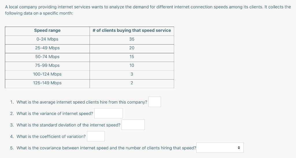 A local company providing internet services wants to analyze the demand for different internet connection speeds among its clients. It collects the
following data on a specific month:
Speed range
0-24 Mbps
25-49 Mbps
50-74 Mbps
75-99 Mbps
100-124 Mbps
125-149 Mbps
# of clients buying that speed service
35
20
15
10
3
2
1. What is the average internet speed clients hire from this company?
2. What is the variance of internet speed?
3. What is the standard deviation of the internet speed?
4. What is the coefficient of variation?
5. What is the covariance between internet speed and the number of clients hiring that speed?