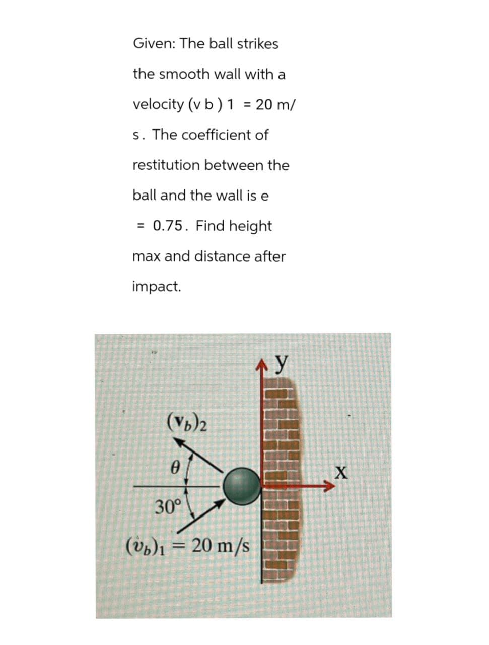 Given: The ball strikes
the smooth wall with a
velocity (v b) 1 = 20 m/
s. The coefficient of
restitution between the
ball and the wall is e
= 0.75. Find height
max and distance after
impact.
(Vb)2
0
30°
(Vb)₁ = 20 m/s
Ay
X