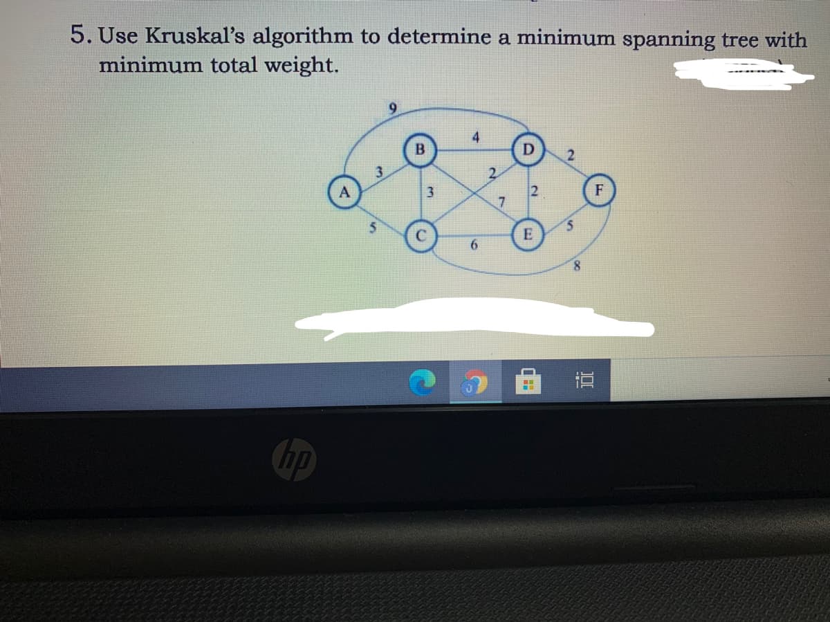 5. Use Kruskal's algorithm to determine a minimum spanning tree with
minimum total weight.
9
4
3.
2.
3
2
6.
直
bp
