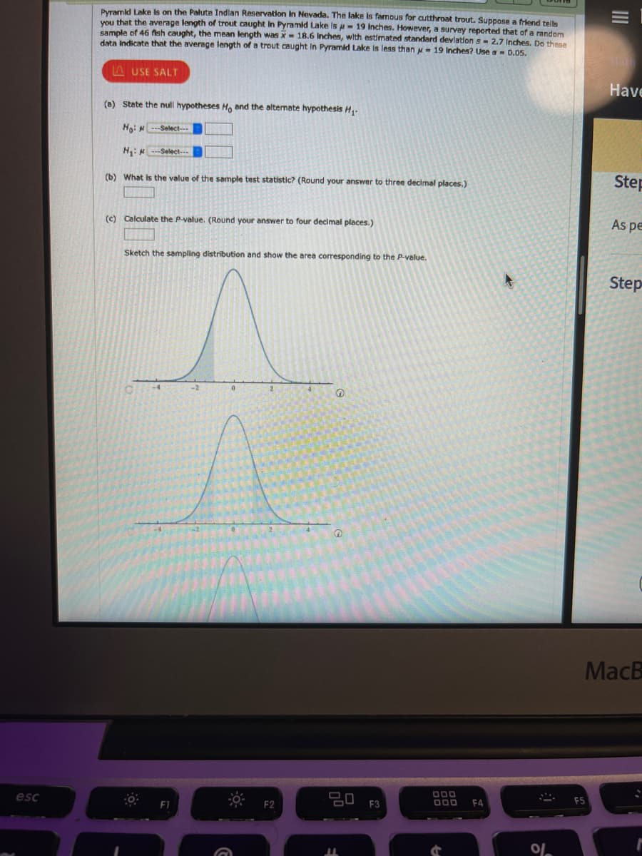 Pyramld Lake is on the Palute Indlan Reservation In Nevada. The lake is famous for cutthroat trout. Suppose a friend tells
VOu that the average length of trout caught In Pyramid Lake Is a- 19 Inches. However, a survey reported that of a random
sample of 46 fish caught, the mean length was x- 18.6 Inches, with estimated standard devlation s- 2.7 Inches. Do these
data indicate that the average length of a trout caught In Pyramid Lake is less than - 19 Inches? Use a - 0.05,
A USE SALT
Have
(a) State the null hypotheses H, and the altermate hypothesis H,.
Ho: H ---Select---
H:K ---Select---
Step
(b) What is the value of the sample test statistic? (Round your answer to three decimal places.)
(c) Calculate the P-value. (Round your answer to four decimal places.)
As pe
Sketch the sampling distribution and show the area corresponding to the P-value.
Step
-2
2
MacB
D00
000
F4
esc
F2
F3
F1
