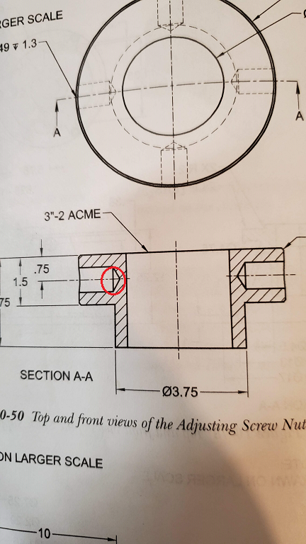 GER SCALE
49 v 1.3
A
3"-2 ACME
.75
1.5
75
SECTION A-A
Ø3.75-
0-50 Top and front views of the Adjusting Screw Nut
ON LARGER SCALE
-10
