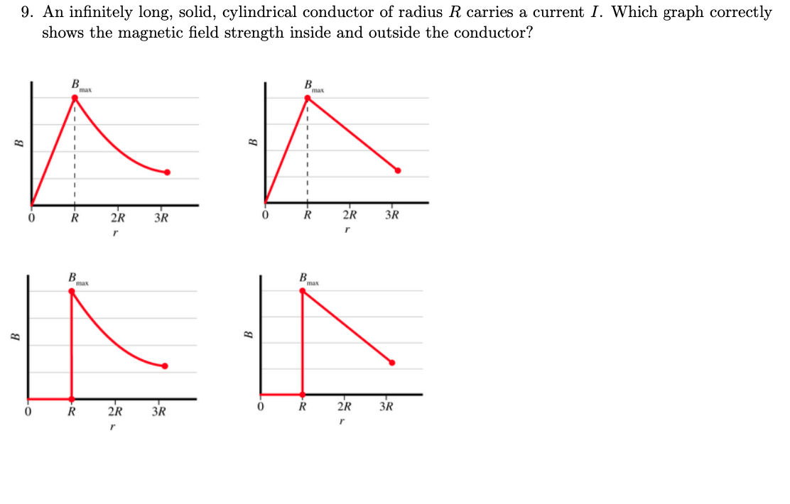 9. An infinitely long, solid, cylindrical conductor of radius R carries a current I. Which graph correctly
shows the magnetic field strength inside and outside the conductor?
B
max
B.
max
R
2R
3R
2R
3R
Bas
B
max
R
2R
3R
R
2R
3R
