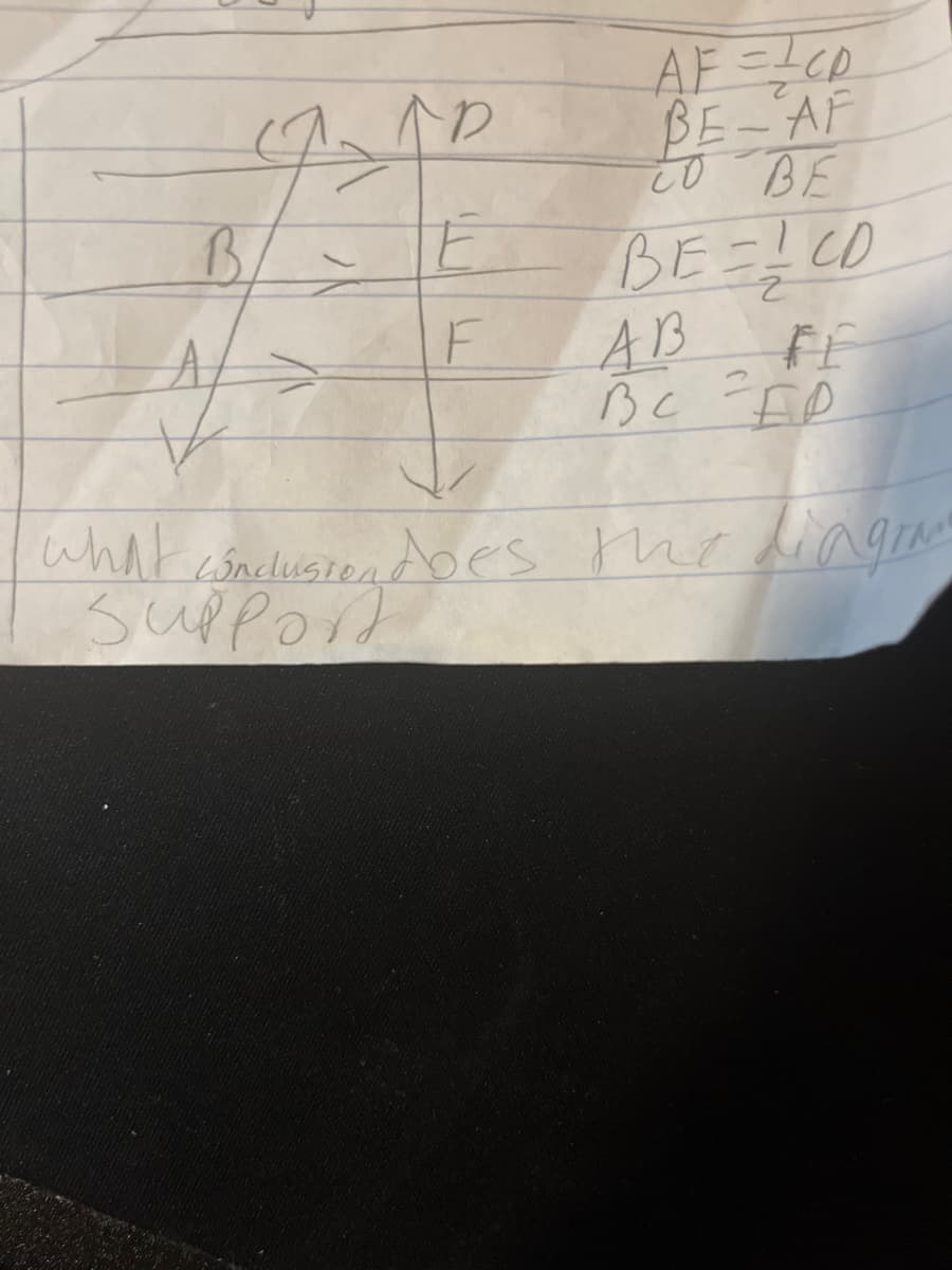 E
F
AF = 1CD
BE-AF
то ве
BE=! CD
со
Ав
Вс зер
what conclusion does the diagram
suppond