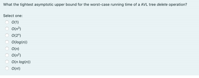 What the tightest asymptotic upper bound for the worst-case running time of a AVL tree delete operation?
Select one:
O 0(1)
O(n°)
O(2")
O(log(n))
O(n)
O(n?)
O(n log(n))
O(n!)
