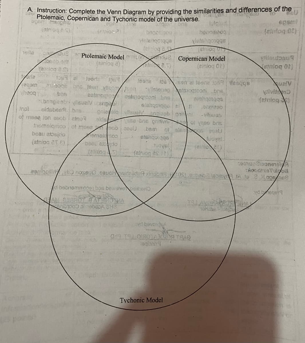 Instruction: Complete the Venn Diagram by providing the similarities and differences of the
Ptolemaic, Copernican and Tychonic model of the universe.
lutalud
(etnioq a S)
(enioc a)
bogotleog
henoit200
falog 00)
sbbiobua
e boa
(etriog 01
sbbtobijspe
1ele batdu
beeb ert
Ptolemaic Model mit n cku2 Copernican Model
イm a.v
Wilsutonu
Vetniog Ot)
(eniog
(einioq 0t)
(anicg a.c)
oria
callon
aissage
teerda
Joerie
sen ai 1sene tos leegCs
Vlsienagstsiogiooni bns,
wivits
(etnioq s
vhooqTuy
bongieab isuelV enpiati
eldsbee. bns-
of mese jon 2sob l etno
tromeiqmoo of mese ob aesU
beau albejco
sbbtobysre
Inol
gniesigllisuaiVanpizeb pniniviisuetv
elds vese bne pritivG eol vese bns
bsa
of slsn as 2saU
emelomo
(stnioa dT8)
baeu eldo
sbbiobusre
(einic )
(ainiog es r)
d bebriemmo09i bos beweivebeben
vd bisge)9
vd bevordA
Isqionh
Tychonic Model
