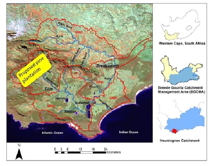 Proposed pine
plantation
N
Elim
Klein Sout
Nuwejaars
0800
Kans
Vaelvlei
Atlantic Ocean
G500
Great Sand
Soutpan
Sand
12
Soetendals Viel
Bredasdorp
G5GE
Poort
18
Kars
G50F
Houpingne
24
Indian Ocean
Kilometers
Western Cape, South Africa
Breede Gouritz Catchment
Management Area (BGCMA)
Heuningnes Catchment