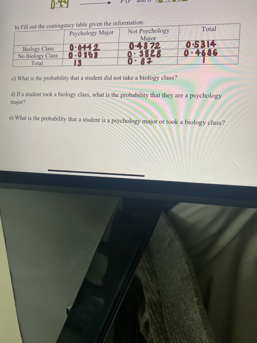 b) Fill out the contingency table given the information:
Psychology Major
Total
Not Psychology
Major
0-48 72
0.3828
0 87
Biology Class
No Biology Class
Total
0.0442
0.0868
13
0-5314
0.4686
c) What is the probability that a student did not take a biology class?
d) If a student took a biology class, what is the probability that they are a psychology
major?
e) What is the probability that a student is a psychology major or took a biology class?
