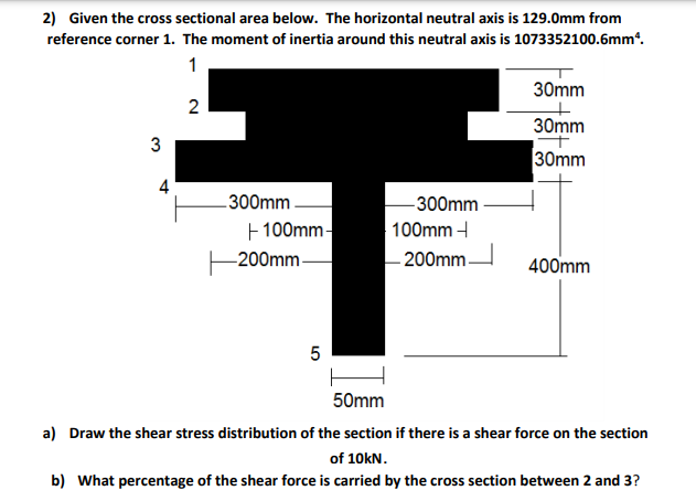 2) Given the cross sectional area below. The horizontal neutral axis is 129.0mm from
reference corner 1. The moment of inertia around this neutral axis is 1073352100.6mm“.
1
30mm
30mm
3
30mm
4
-300mm.
F100mm-
-300mm
100mm -
-200mm-
200mm-
400mm
5
50mm
a) Draw the shear stress distribution of the section if there is a shear force on the section
of 10KN.
b) What percentage of the shear force is carried by the cross section between 2 and 3?
