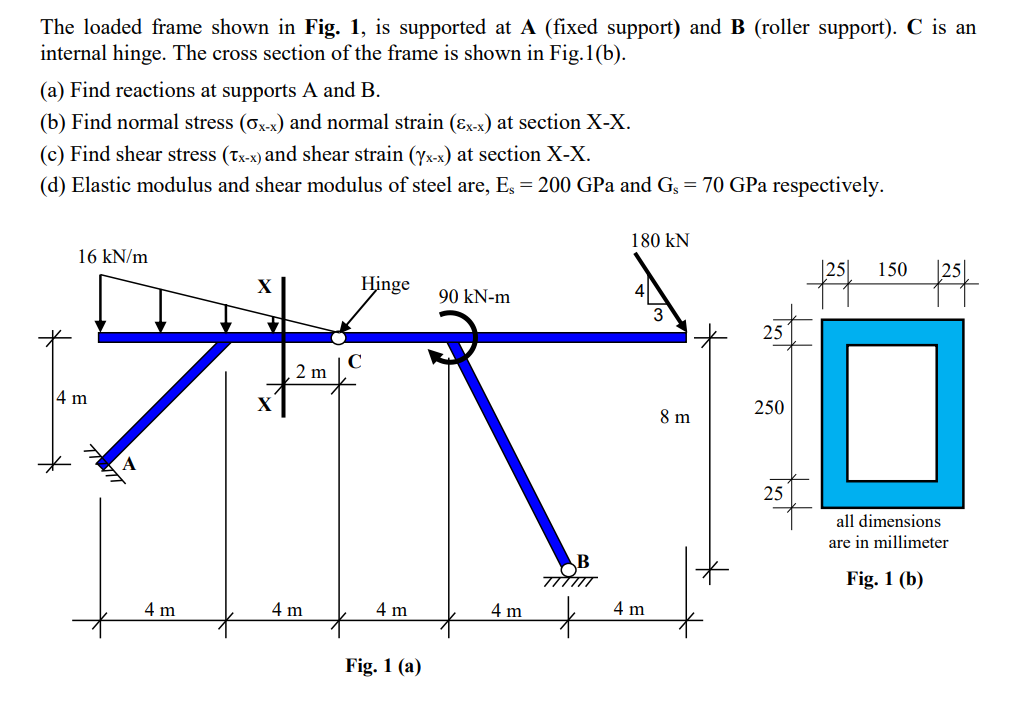 The loaded frame shown in Fig. 1, is supported at A (fixed support) and B (roller support). C is an
internal hinge. The cross section of the frame is shown in Fig.1(b).
(a) Find reactions at supports A and B.
(b) Find normal stress (orx) and normal strain (ɛxx) at section X-X.
(c) Find shear stress (Tx-x) and shear strain (yxx) at section X-X.
(d) Elastic modulus and shear modulus of steel are, Es = 200 GPa and G3 = 70 GPa respectively.
180 kN
16 kN/m
|25|
150
|25|
Hinge
4|
90 kN-m
25
2 m
4 m
250
8 m
25
all dimensions
are in millimeter
Fig. 1 (b)
4 m
4 m
4 m
4 m
4 m
Fig. 1 (a)
