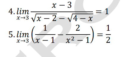 х — 3
4. lim
x→3 Vx – 2 – V4 – x
= 1
1
2
1
5. lim
х-з \x — 1 х2 — 1
2
I|
