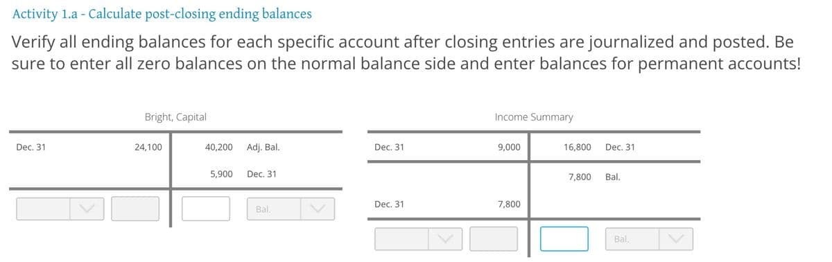 Activity 1.a - Calculate post-closing ending balances
Verify all ending balances for each specific account after closing entries are journalized and posted. Be
sure to enter all zero balances on the normal balance side and enter balances for permanent accounts!
Dec. 31
Bright, Capital
24,100
40,200
5,900
Adj. Bal.
Dec. 31
Bal.
Dec. 31
Dec. 31
Income Summary
9,000
7,800
16,800 Dec. 31
7,800
Bal.
Bal.