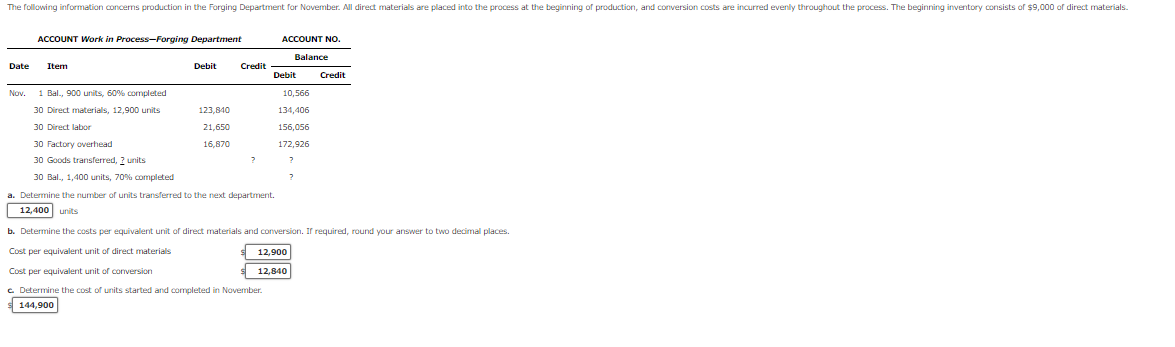 The following information concerns production in the Forging Department for November. All direct materials are placed into the process at the beginning of production, and conversion costs are incurred evenly throughout the process. The beginning inventory consists of $9,000 of direct materials.
ACCOUNT Work in Process-Forging Department
Date Item
Nov. 1 Bal., 900 units, 60 % completed
30 Direct materials, 12,900 units
30 Direct labor
30 Factory overhead
30 Goods transferred, 2 units
30 Bal., 1,400 units, 70% completed
Debit
123,840
21,650
16,870
Credit
?
ACCOUNT NO.
Balance
Debit Credit
a. Determine the number of units transferred to the next department.
12,400 units
10,566
134,406
156,056
172,926
?
b. Determine the costs per equivalent unit of direct materials and conversion. If required, round your answer to two decimal places.
Cost per equivalent unit of direct materials
Cost per equivalent unit of conversion
c. Determine the cost of units started and completed in November.
144,900
12,900
12,840