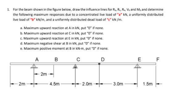 1. For the beam shown in the figure below, draw the influence lines for R., Re, Ru, Vs and M, and determine
the following maximum responses due to a concentrated live load of "a" kN, a uniformly distributed
live load of "b" kN/m, and a uniformly distributed dead load of "c" kN /m.
a. Maximum upward reaction at A in kN, put "0" if none.
b. Maximum upward reaction at Cin kN, put "0" if none.
C. Maximum upward reaction at E in kN, put "0" if none.
d. Maximum negative shear at B in kN, put "o" if none.
e. Maximum positive moment at B in kN-m, put "0" if none.
A
D
E
F
2m
2m
4.5m
2.0m
3.0m
1.5m
