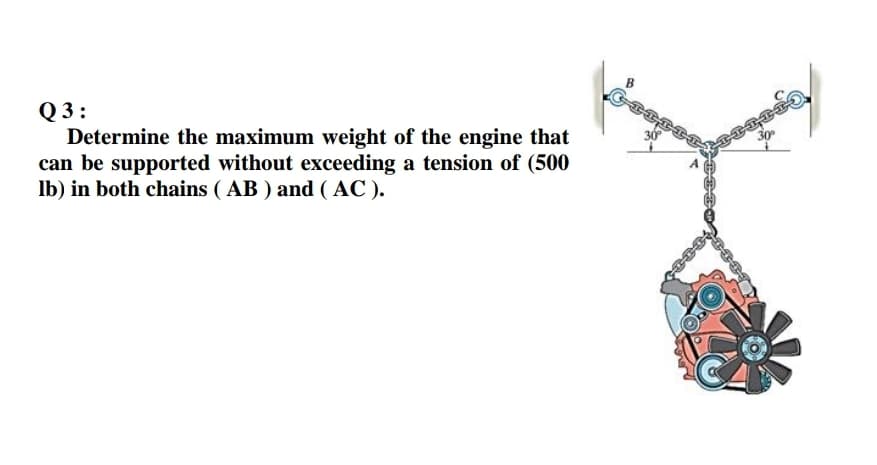 Q 3:
Determine the maximum weight of the engine that
can be supported without exceeding a tension of (500
Ib) in both chains ( AB ) and ( AC ).
30
30
