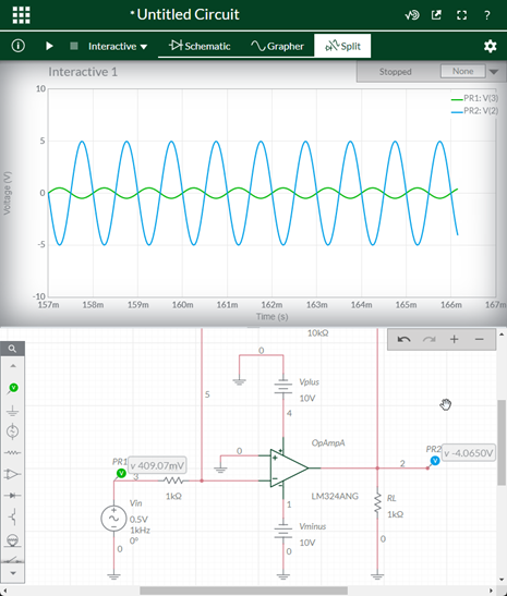 •Untitled Circuit
schematic
Grapher
Split
Interactive
Interactive 1
Stopped
None
10
-PR1: V(3)
-PR2: V(2)
-10
157m
158m
159m
160m
161m
162m
163m
164m
165m
166m
167m
Time (s)
10kQ
Vplus
10V
4
OpAmpA
PR2
v -4.0650V
PR1
v 409.07mV
2
1kQ
LM324ANG
RL
Vin
10.5V
1kHz
0°
Vminus
10V
Q O A YO
W abeon
