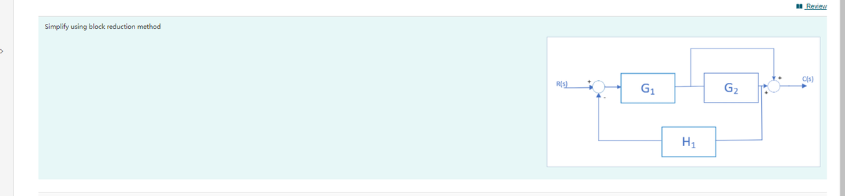 I Review
Simplify using block reduction method
C(s)
R(s)
G1
G2
H1
