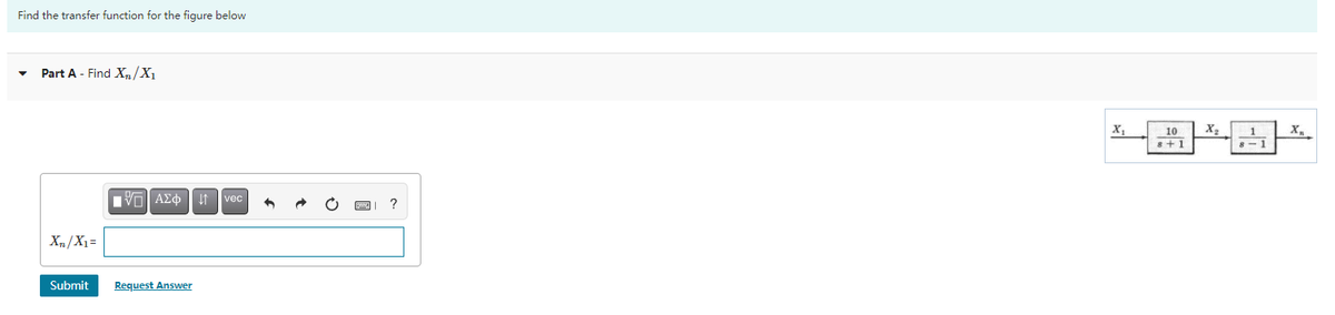 Find the transfer function for the figure below
Part A - Find X,/X1
X,
10
X2
X.
s+1
vec
?
Xn/X1 =
Submit
Request Answer
