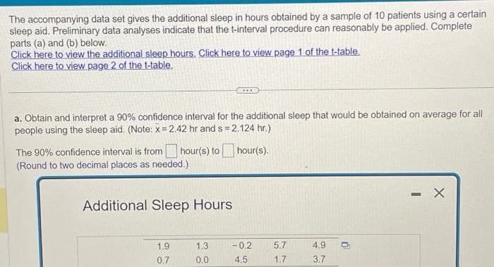 The accompanying data set gives the additional sleep in hours obtained by a sample of 10 patients using a certain
sleep aid. Preliminary data analyses indicate that the t-interval procedure can reasonably be applied. Complete
parts (a) and (b) below.
Click here to view the additional sleep hours. Click here to view page 1 of the t-table.
Click here to view page 2 of the t-table.
a. Obtain and interpret a 90% confidence interval for the additional sleep that would be obtained on average for all
people using the sleep aid. (Note: x=2.42 hr and s=2.124 hr.)
The 90% confidence interval is from hour(s) to hour(s).
(Round to two decimal places as needed.)
Additional Sleep Hours
1.9
0.7
1.3
0.0
-0.2 5.7
4.5
1.7
4.9
+3
3.7
0
-
X