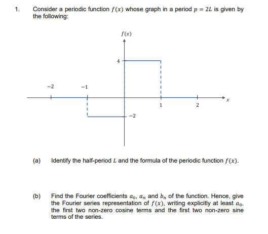 1.
Consider a periodic function f(x) whose graph in a period p = 2L is given by
the following:
(a)
-2
A
f(x)
-2
2
Identify the half-period L. and the formula of the periodic function f(x).
(b)
Find the Fourier coefficients ao, an and b, of the function. Hence, give
the Fourier series representation of f(x), writing explicitly at least a..
the first two non-zero cosine terms and the first two non-zero sine
terms of the series.