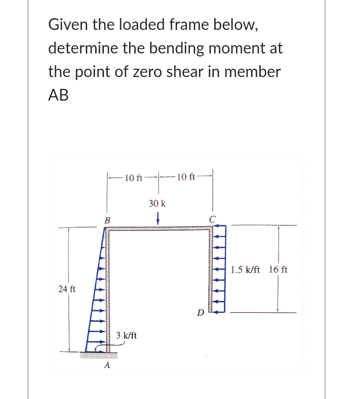 Given the loaded frame below,
determine the bending moment at
the point of zero shear in member
АВ
10 ft-
10 ft
30 k
В
C
1.5 k/ft 16 ft
24 ft
D
3 k/ft
A
