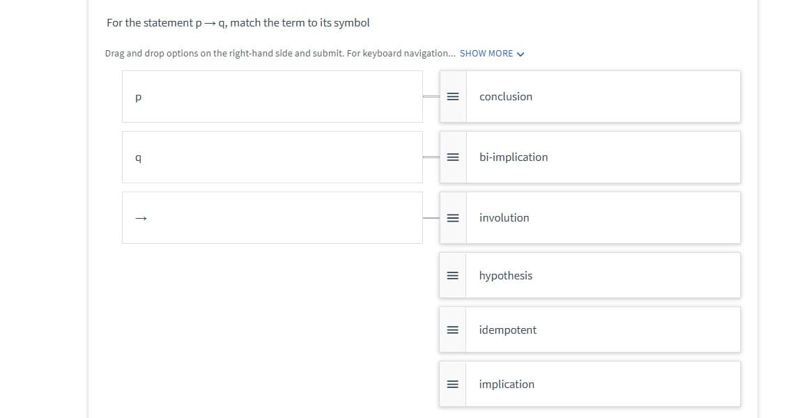 For the statement p →q, match the term to its symbol
Drag and drop options on the right-hand side and submit. For keyboard navigation... SHOW MORE ✓
P
q
↑
=
III
=
III
=
=
|||
III
=
conclusion
bi-implication
involution
hypothesis
idempotent
= implication