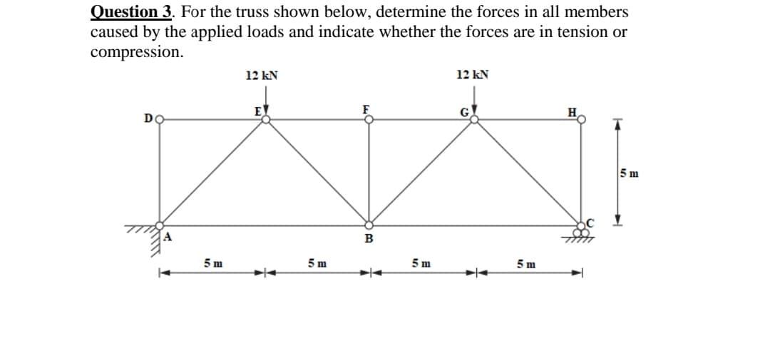 Question 3. For the truss shown below, determine the forces in all members
caused by the applied loads and indicate whether the forces are in tension or
compression.
12 kN
12 kN
E
G
DO
5 m
5 m
5 m
5 m
5 m
