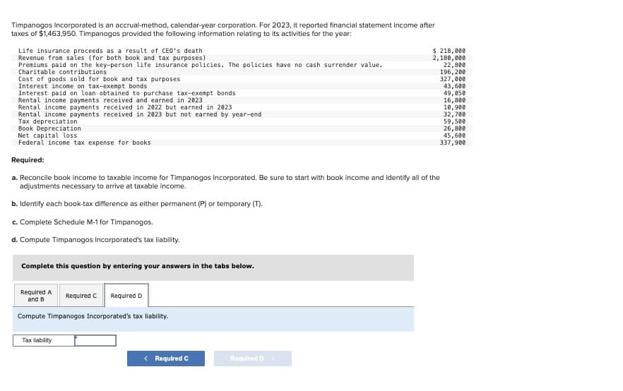 $ 218,000
2,180,000
22,800
196,200
327,000
43,600
49,050
16,800
10,900
32,700
59,500
26,800
45,600
337,900
Timpanogos Incorporated is an accrual-method, calendar-year corporation. For 2023, it reported financial statement income after
taxes of $1,463,950. Timpanogos provided the following information relating to its activities for the year:
Life insurance proceeds as a result of CEO's death
Revenue from sales (for both book and tax purposes)
Premiums paid on the key-person life insurance policies. The policies have no cash surrender value.
Charitable contributions
Cost of goods sold for book and tax purposes
Interest income on tax-exempt bonds
Interest paid on loan obtained to purchase tax-exempt bonds
Rental income payments received and earned in 2023
Rental income payments received in 2022 but earned in 2023
Rental income payments received in 2023 but not earned by year-end
Tax depreciation
Book Depreciation
Net capital loss
Federal income tax expense for books
Required:
a. Reconcile book income to taxable income for Timpanogos Incorporated. Be sure to start with book income and identify all of the
adjustments necessary to arrive at taxable income.
b. Identify each book-tax difference as either permanent (P) or temporary (T).
c. Complete Schedule M-1 for Timpanogos.
d. Compute Timpanogos Incorporated's tax liability.
Complete this question by entering your answers in the tabs below.
Required A
and B
Required C Required D
Compute Timpanogos Incorporated's tax liability.
Tax liability
< Required C
Required D >